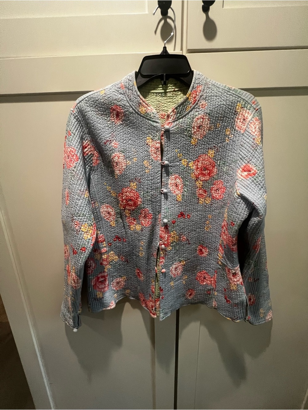 Reversible Quilted Floral Cotton Jacket Light Green, Blue & Pink Boho - M